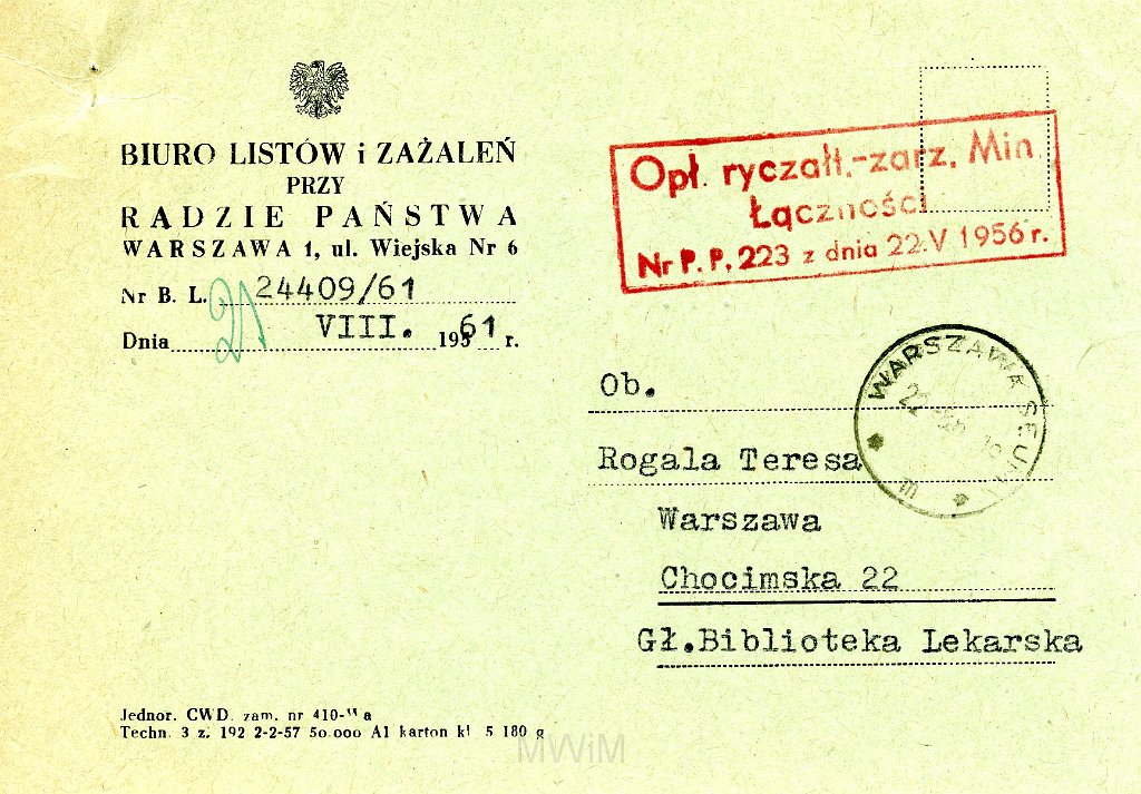 KKE 5839.jpg - Dok. Pismo z Biura Skarg i Listów Urzędu Rady Ministrów dla Teresy Rogala dotyczące wniesionej skargi, Warszawa, 21 VIII 1961 r.